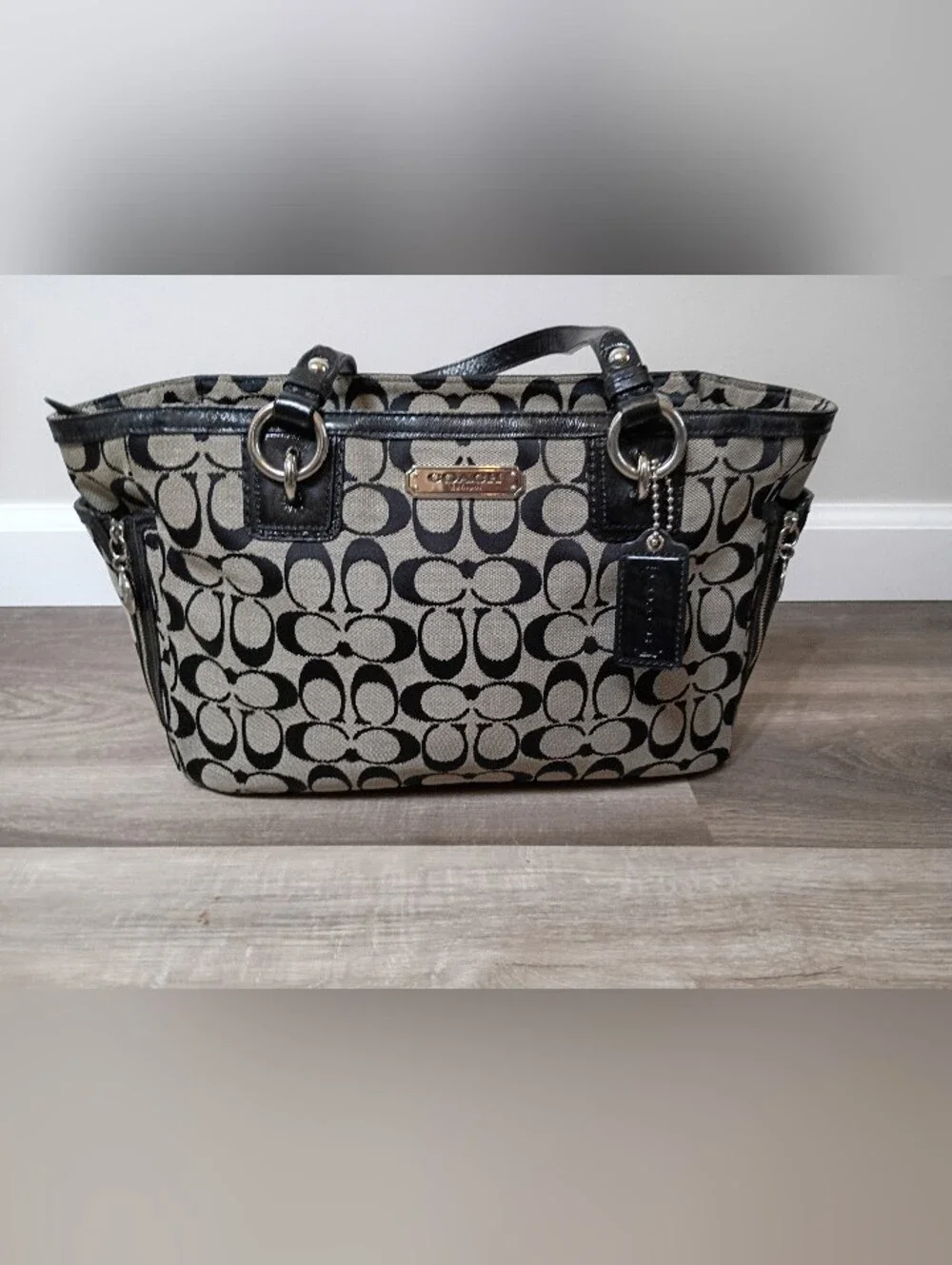 Coach Vintage 2010s Classic Black Grey Signature Monogram Gallery Satchel Tote